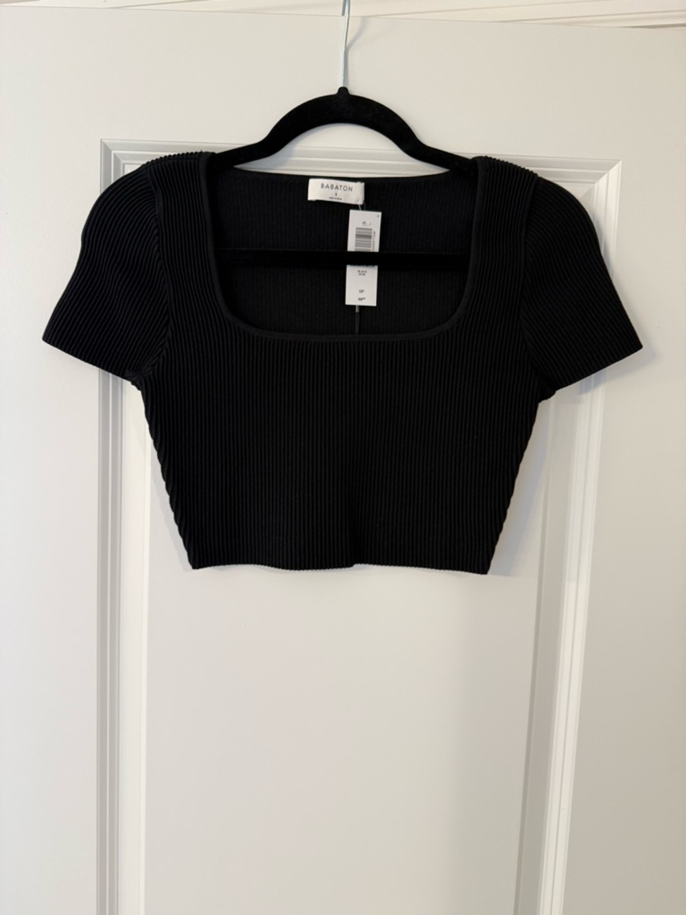 Babaton Black Ribbed Square Neck Crop Tee